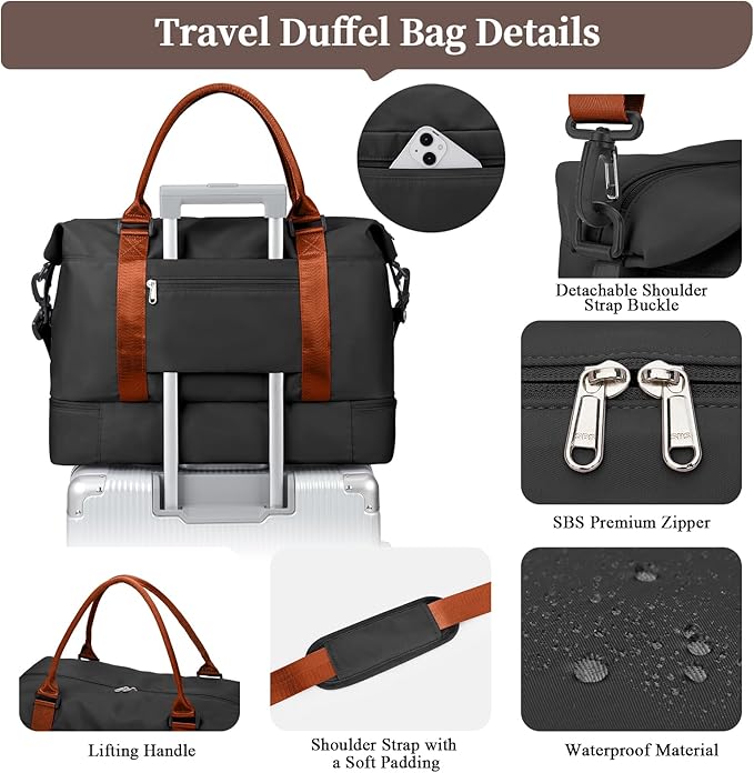 Weekender Bags for Women,Personal Item Travel Bag with Shoes Compartment,Overnight Travel Duffel Bag with Grid Toiletry Bag,Black & Brown