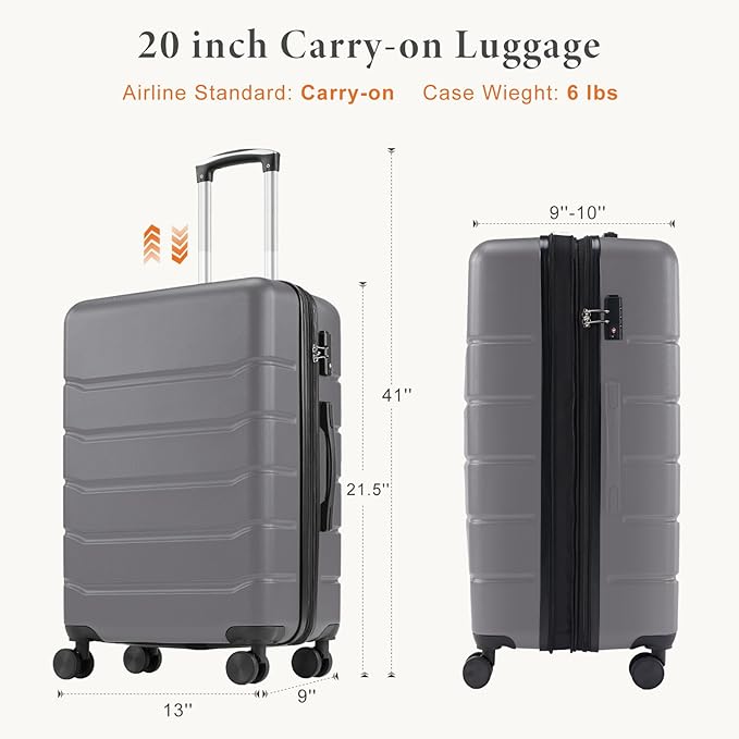 Sweetcrispy Carry on Luggage, Hard Shell ABS Suitcase with Double Spinner Wheels, Lightweight Expandable Rolling Suit Case with TSA Lock, 20 Inch Dark Grey