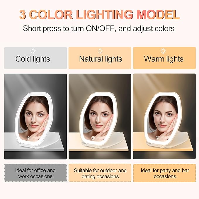 COSYGLOW Travel Makeup Mirror with Light: 3 Color Lighting Portable Mirror with Touch Screen Rechargeable Adjustable LED Lights Hexagon Vanity Mirror for Travel, Desk, Home(White)