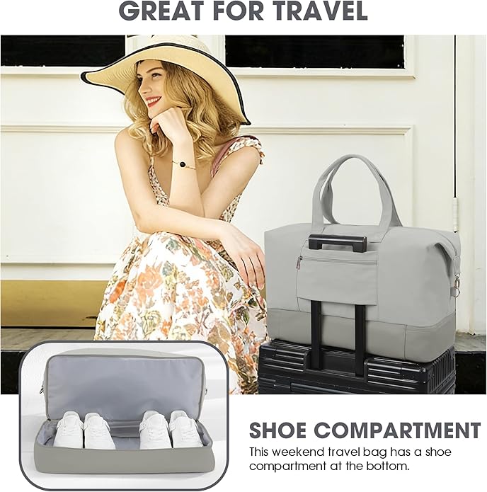 Women's Weekender bag Travel Duffel Bag with Shoe Compartment 21-inch Airline-Approved Carry-On, 2-Piece Overnight Bag Set Personal Item Luggage