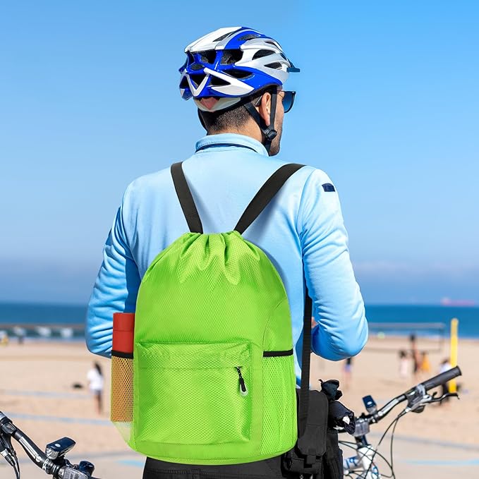 Waterproof Drawstring Bag, Lightweight String Backpack with Water Bottle Holder and Pockets, Gym Sports Cinch Sackpack (Green)