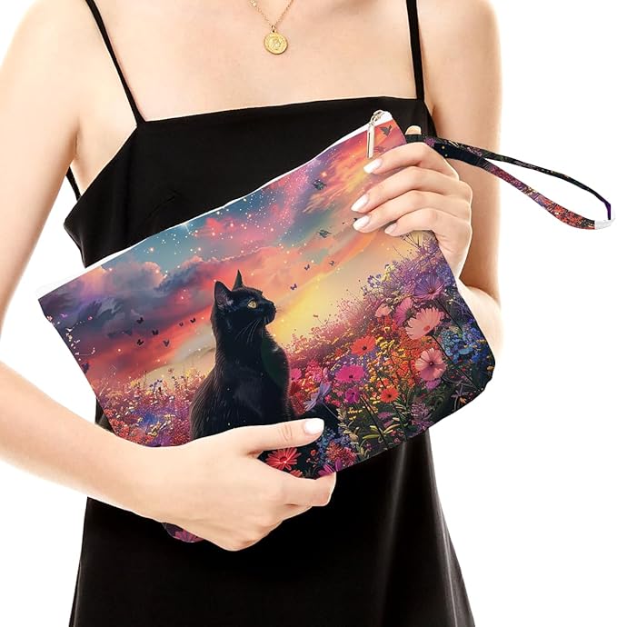 Fokongna Black Cat Print Wet Bag, Small Portable Waterproof Multi-Functional Organizer for Women, Sunset Galaxy Floral Black Cat, Ideal for Daily, Beach & Travel
