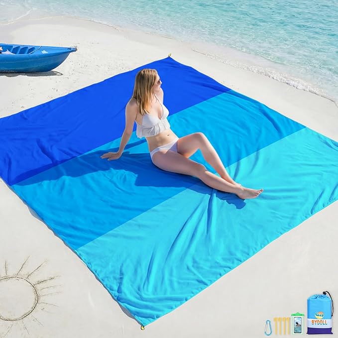 BYDOLL Beach Blanket Waterproof Sandproof Large Sand Free,78''X81''/10'X9' Oversized Sandless Lightweight Blanket Picnic Mat for Beach Travel Camping Hiking with Stakes