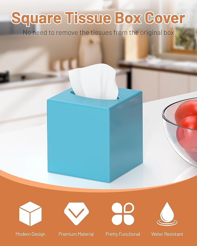 Tissue Box Cover, Square Plastic Tissue Box Holder with Anti Slip Base, Modern Decor Facial Napkin Holder for Bathroom Vanity Countertop, Bedroom Dresser, Night Stand, Parlors, Offices, Blue