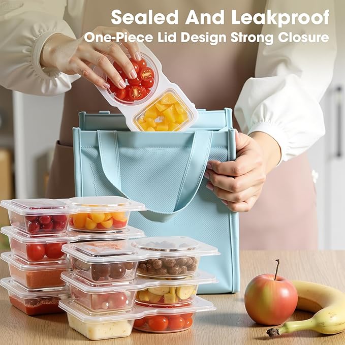 50PCS Reusable Snack Containers with Lids,2 Compartment Snack Containers with 50 Spoons,Snack Pack Containers for Condiments,fruits and salads