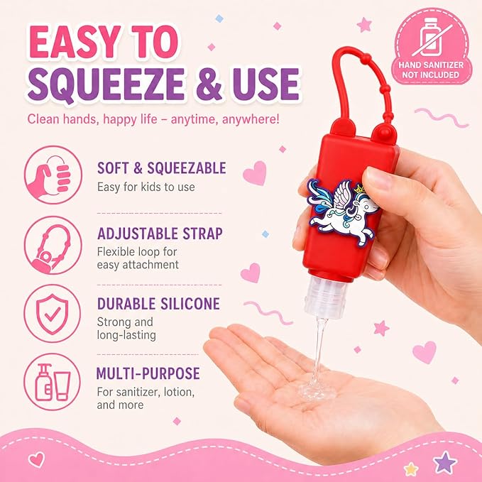 5-Pack Cartoon Kids Hand Sanitizer Holder, 30ml Travel Size Refillable Bottles with Silicone Case, Leak-Proof Portable Containers for Lotion & Liquid Soap (Magic Unicorn)