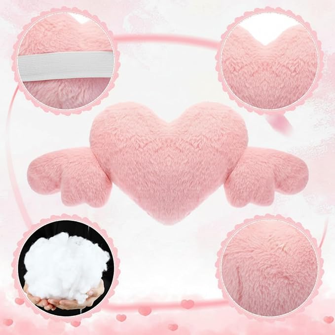 Macarrie 2 Pcs Plush Heart Shaped Pillow with Angel Wings Car Headrest Soft Comfortable Seat Pillow for Driving Travelling Room Office Car Decor, 19.7 x 8.3 Inch(Pink)