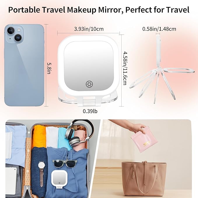 FUNTOUCH Travel Mirror with Light, Compact Mirrors, 1x/30x Magnifying Mirror with 3 Color Lights and Adjustable Brightness, 4.5x3.9 inch Small Compact Hangable Hand Pocket Mirrors,White