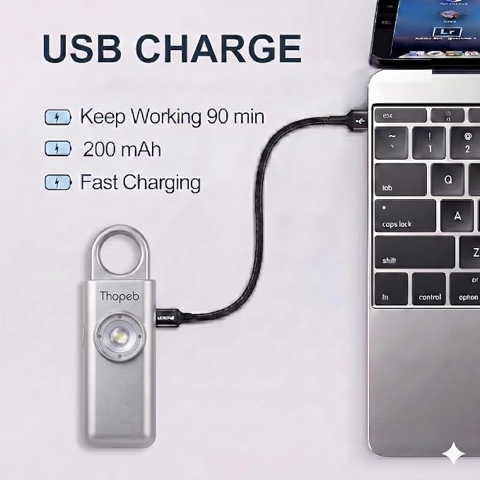 Thopeb– Personal Safety Alarm for Women–135dB Siren, Strobe Light and Rechargeable - Safety Alarm Keychain for Women (Metallic Silver)