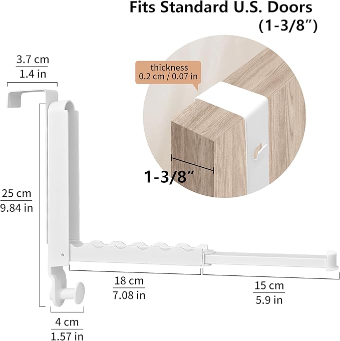 RFOUO Clothes Drying Rack Foldable Fit Door up to 1 3/8" Optimal 2pc,Over The Door Hanger with Retractable Rod,Over The Door Hanger Hooks for Laundry Bathroom Bedroom Travel Hangers(White, 2 Pack)