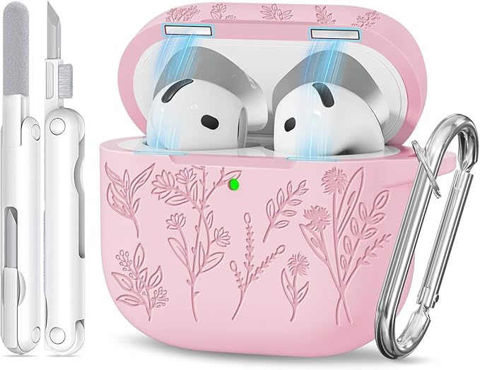 for Airpods 4 Case with Magnetic Lid, Ekoonpft Flower Engraved Cases for Apple AirPods 4th Generation 2024, Soft Silicone Cover for Women Girly with Cleaning Kit & Keychain, Shockproof
