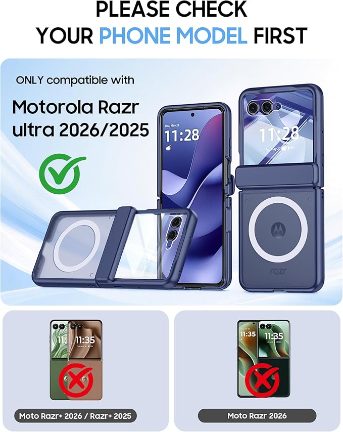 Magnetic for Motorola Razr Ultra 2026/2025 Case,Hinge Protection, Screen Protector, Compatible with MagSafe, Translucent Frosted, Shockproof Slim Cover for Razr Ultra 2026/2025-Blue