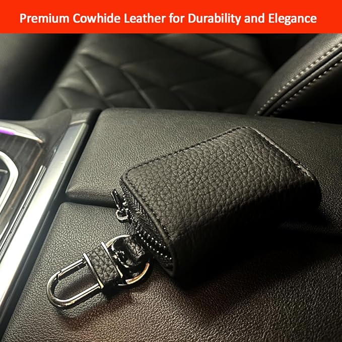 Leather Car Key Case with Zipper, Compact Smart Key Fob Holder with Keychain, Portable Car Key Organizer Pouch