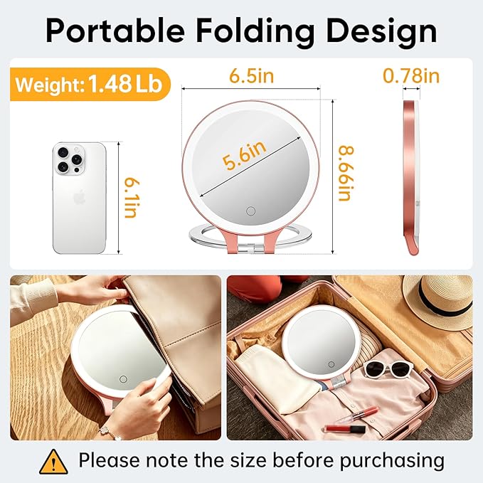 FASCINATE Magnifying Mirror 10X 1X Double Sided Magnification, Makeup Vanity Mirror Rechargeable Lighted with 3 Color Setting Adjustable Rotation LED Vanity Desk
