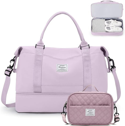 Weekender Bags for Women,Carry On Overnight Travel Duffel Bag with Shoes Compartment & Toiletry Bag,Extra Large,Purple