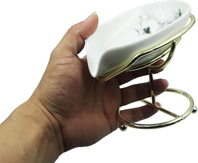Ceramic Soap Dish, Leaf Shape Self Draining Soap Holder, Sponge Holder, for Shower,Bathroom,Kitchen Sink Organizer (White Marble)