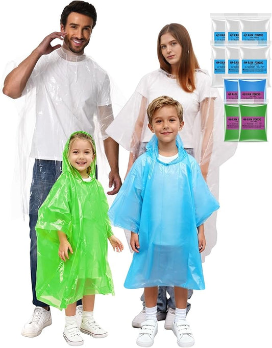 Disposable Rain Poncho Family 10 Pack for Adults & Kids with Hood - 2X-Thicker for Theme Parks, Travel & Outdoors