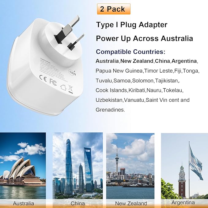 Type I Australian Plug Adapter New Zealand Power Adapter 2 Pack, 3 Prong Adapter with USB Outlet Converter US Outlet for Argentina Travel Cruise