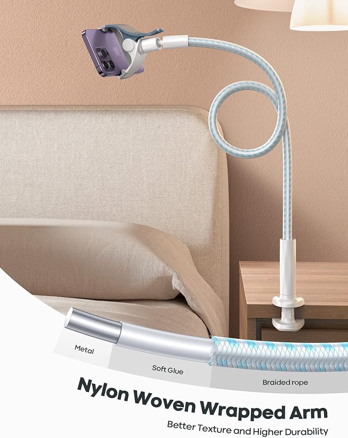 Lamicall Gooseneck Phone Holder Bed - [Nylon Braided] Flexible Arm, Overall Length 38inch, 360 Adjustable Clamp Clip, Overhead Cell Phone Mount Stand for Bed, Desk, White & Blue