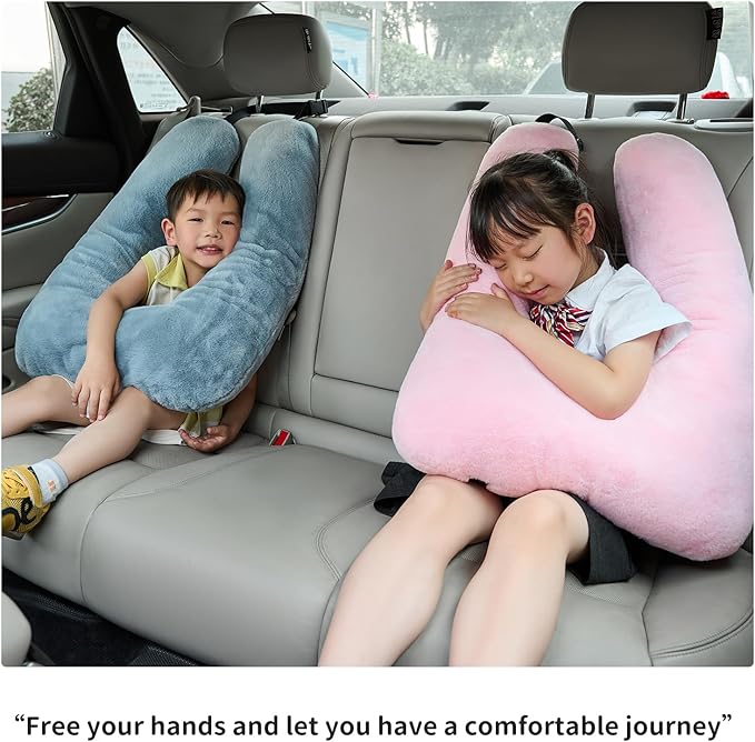 Travel Pillow，Car Pillow for Kids, Car Sleeping Pillow with Adjustable Strap, Car Travel Essentials, Road Trip Pillow for Head and Neck Support,Blue