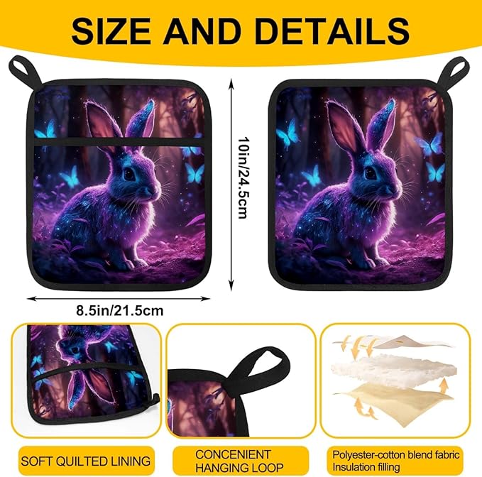 Rabbit and Butterfly Pot Holders with Pockets 2 PCS, Heat Resistant Oven Mitts Hot Pads for Kitchen Baking Cooking, Square Thick Pot Holders Kitchen Hot Potholders, 8.5x10 Inches