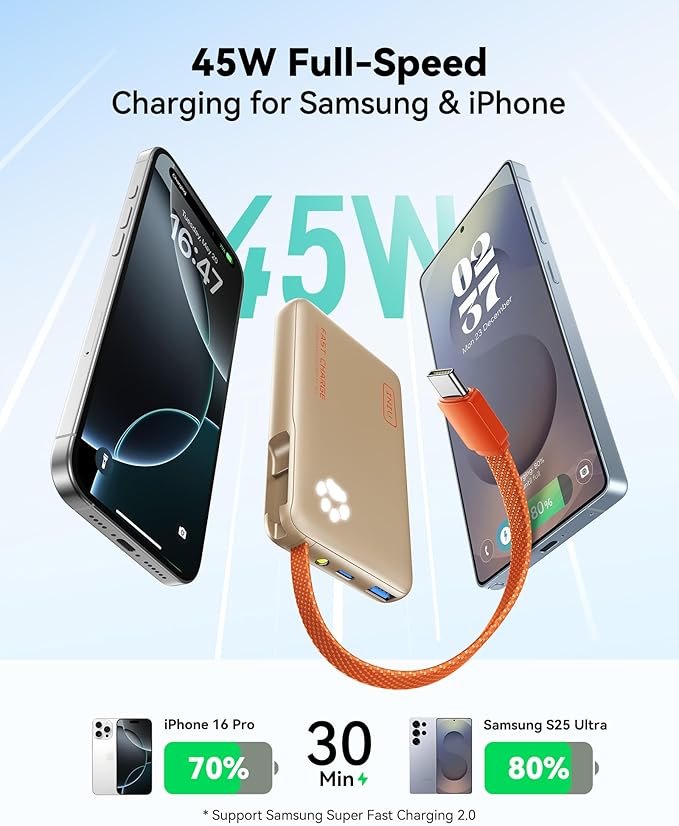 INIU 45W Power Bank, Fast Charging Portable Charger with Built-in USB C Cable, 10000mAh Small Type C Powerbank, Battery Pack for iPhone 17 16 15 14, iPad, Samsung S25 S24 etc Travel Camping, Beige