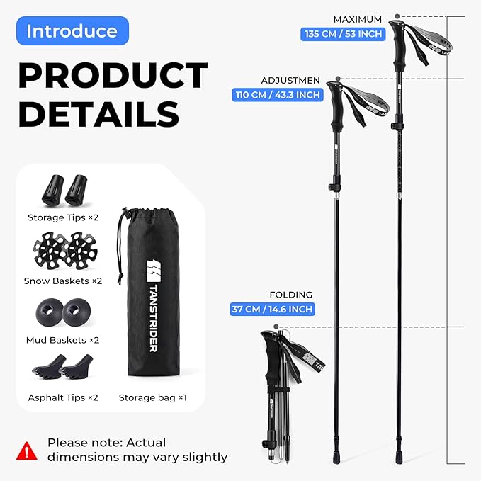 Trekking Poles for Hiking - Collapsible Lightweight 7075 Aluminum Hiking Sticks, 43-53 Inch Adjustable Tri-Fold Walking Poles with Anti-Slip EVA Grip for Men and Women