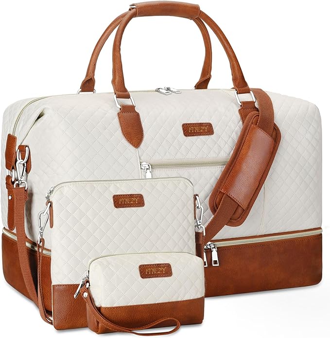 ITIEZY Weekender Overnight Bag for Women - Large Travel Duffel Bag with Shoe Compartment, Gym Duffel Bag Hospital Bag Carry On Tote Bags for Airplanes with Crossbody Bag Toiletry Bag 3Pcs Set