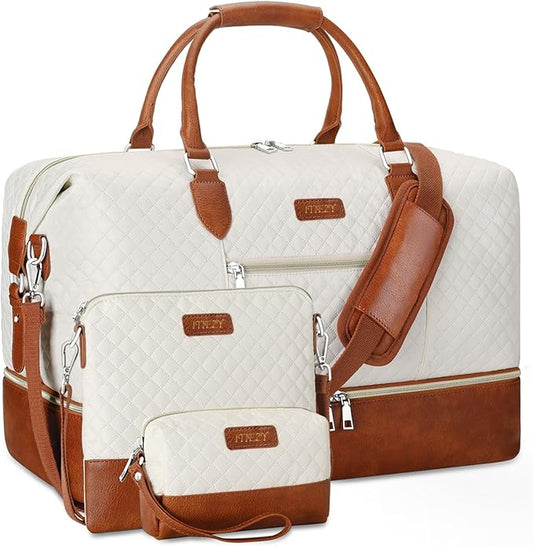 ITIEZY Weekender Overnight Bag for Women - Large Travel Duffel Bag with Shoe Compartment, Gym Duffel Bag Hospital Bag Carry On Tote Bags for Airplanes with Crossbody Bag Toiletry Bag 3Pcs Set