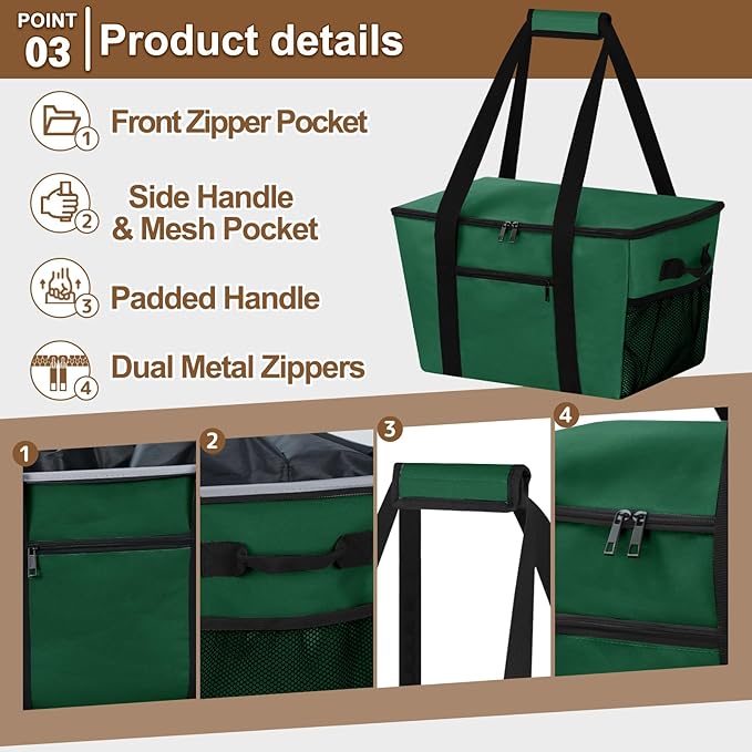 Reusable Grocery Bag – Expandable Insulated Cooler Bag with Bottom Board, Collapsible Insulated Shopping Bag with Zipper & Drawstring, Heavy Duty Tote Bag for Shopping, Delivery, Picnic, Beach