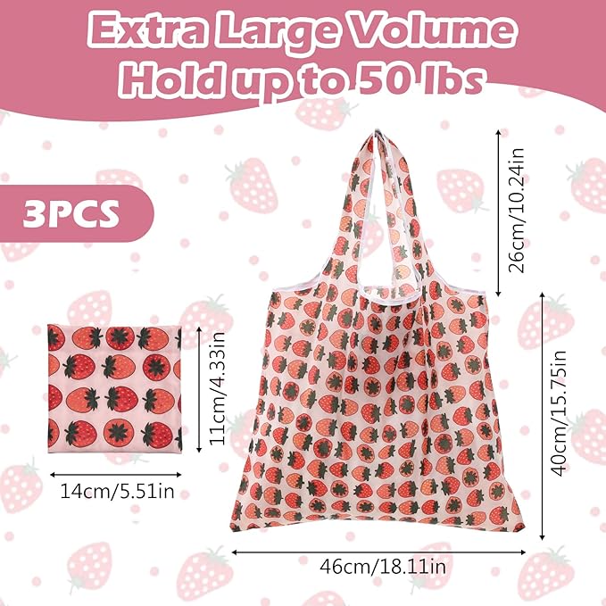 Ouligay 3 PCS Foldable Reusable Shopping Bags Foldable Grocery Bags 46×40cm Machine Washable Polyester Large Reusable Tote Bag for Daily Shopping Supplies Women Supermarket (1 Cat, 2 Strawberries)