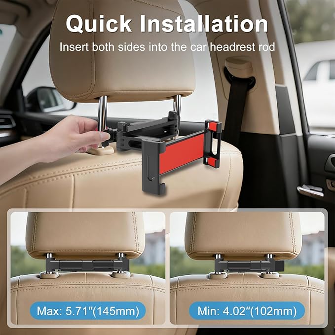 Tablet Holder for Car Headrest, Adjustable 360° Rotating Car Tablet Mount, Car Back Seat Stand for iPad, Road Trip Essentials for Kids, Compatible with 5.2-10.3" iPad Pro, Air, Mini, Galaxy