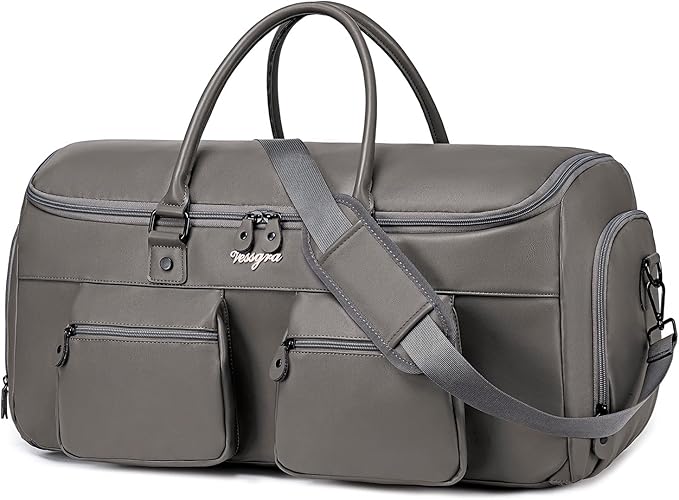 Suit Bag Travel,Vessgra 2 in 1 Leather Duffle Bags for Men 56L Duffel Bags for Traveling PU Leather Garment Bag with Shoe Compartment,Travel Carry on Bag Weekender Bussiness Wedding,Grey