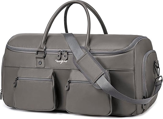 Suit Bag Travel,Vessgra 2 in 1 Leather Duffle Bags for Men 56L Duffel Bags for Traveling PU Leather Garment Bag with Shoe Compartment,Travel Carry on Bag Weekender Bussiness Wedding,Grey