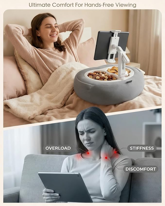 Tablet Pillow Stand, Compatible with 5"-12.9" Kindle, iPad, Phone/Tablet, Google, Samsung, 360° Rotating Phone Holder for Bed, Soft Plush Fabric, Detachable Bowl, Reading and Relaxation on Bed, Gray