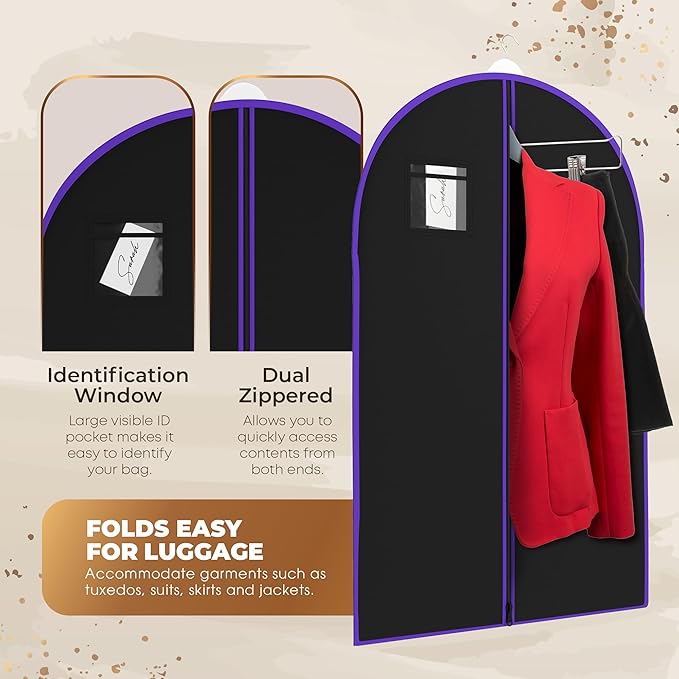 Your Bags Travel Garment Bag – Durable Zippered Single Suit Bag for Storage – Water-Resistant Clothes Cover - Hanging Garment Bags for Travel with ID Pocket – 40" x 24" - Black & Purple (Pack of 1)