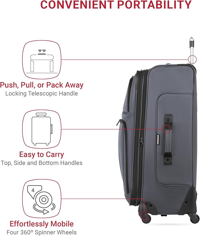 SWISSGEAR Sion Softside Expandable Spinner Luggage Durable Lightweight Travel Suitcase, Dark Grey, 3-Piece Set (Carry-On/Medium/Large)