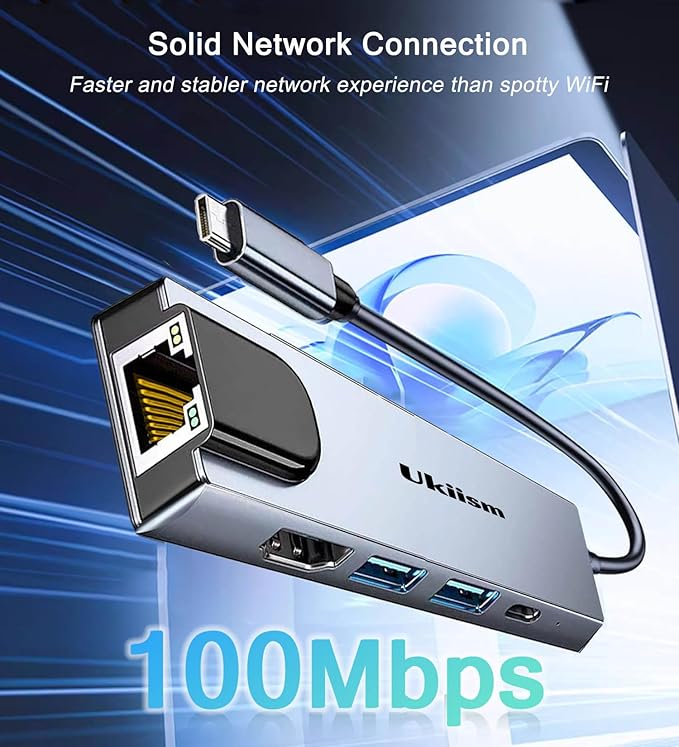 USB C Hub 5 in 1 Multiport Adapter, USB C Hub with 4K HDMI, Ethernet RJ45, 100W PD Charging, USB 3.0 Ports, Type C Docking Station for MacBook Pro Air, iPad, Laptop