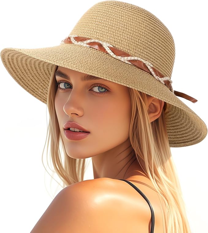 Beach Hat for Women, Wide Brim Sun Straw Hats for Women, Sun Hat Womens UPF 50+ UV Protection, Floppy Foldable Summer Hats