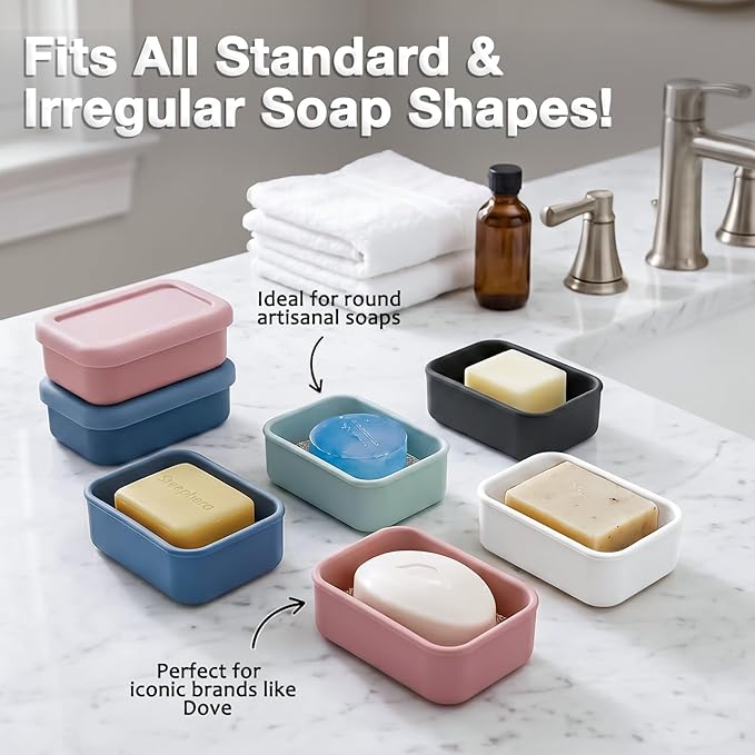 HighHerz Leak Proof Silicone Travel Soap Case with Draining Tray - Bar Soap Holder for Travel, Gym & Camping - Mess-Free Portable Soap Container for Carry-on Bags (Dark Blue)