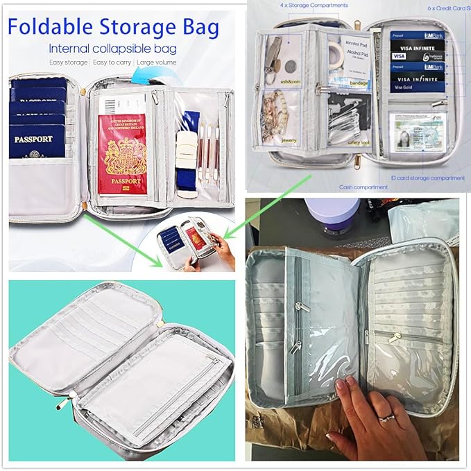 Multifunctional, Secure,Valuable Practical, RFID Family Passport Holder, Travel Wallet (gray), Travel document Organizer, Three-layer Design, Strong Storage Function