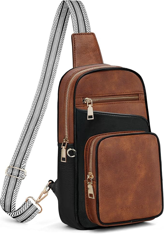Anti Theft Crossbody Bags for Women,RFID Sling Bag Travel Purse,Vegan Leather Cross Body Purses Chest Bag for Travel(Black+Brown)