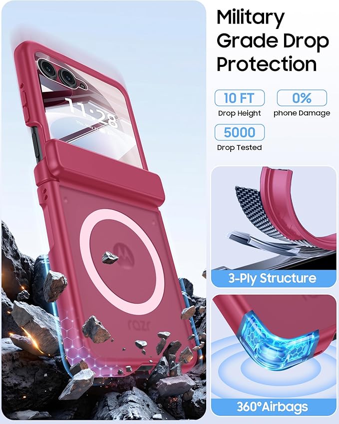 Magnetic for Motorola Razr 2026 Case with Hinge Protection, Screen Protector, Compatible with MagSafe,Skin Feel Translucent Frosted, Shockproof Slim Cover for Moto Razr 2026-Rose Red