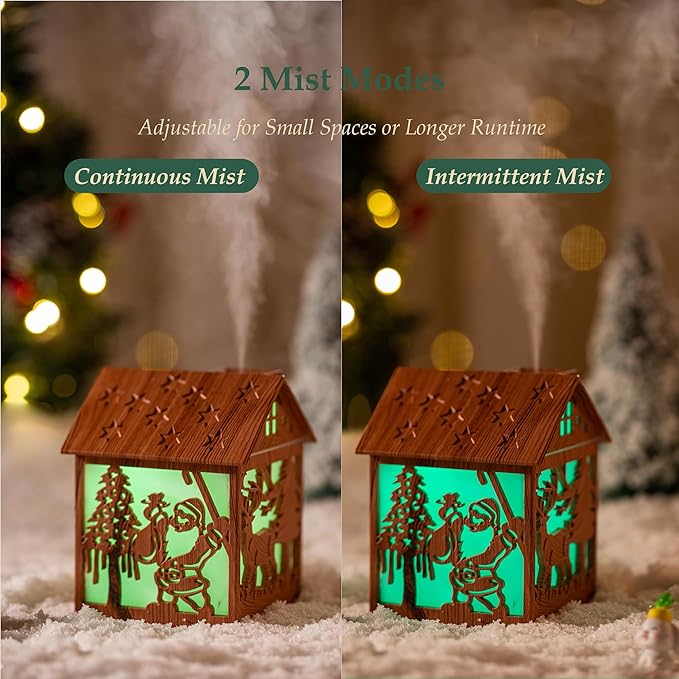 Christmas Wooden House Humidifier - 240ml Cool Mist Mini Humidifier with Santa Claus LED Design, 7-Color Lights, USB Powered, Auto Shut-Off, Holiday Decor Gift for Bedroom, Home, Office (Dark Wood)