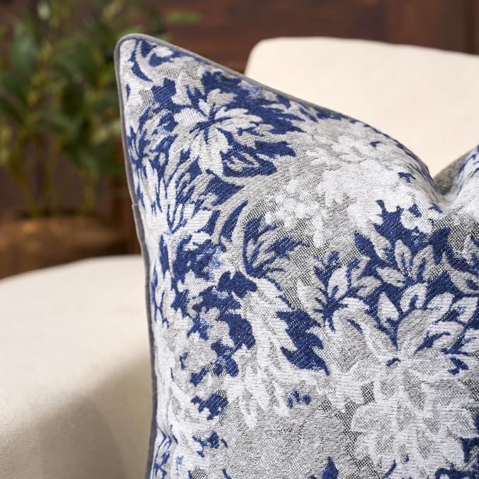 Yangest Neutral Floral Pillow Cover 20 x 20 Inches, Vintage Chenille Square Throw Pillow Cover Soft Decorative Farmhouse Accent Couch Pillow Cover for Living Room Bedroom, Blue