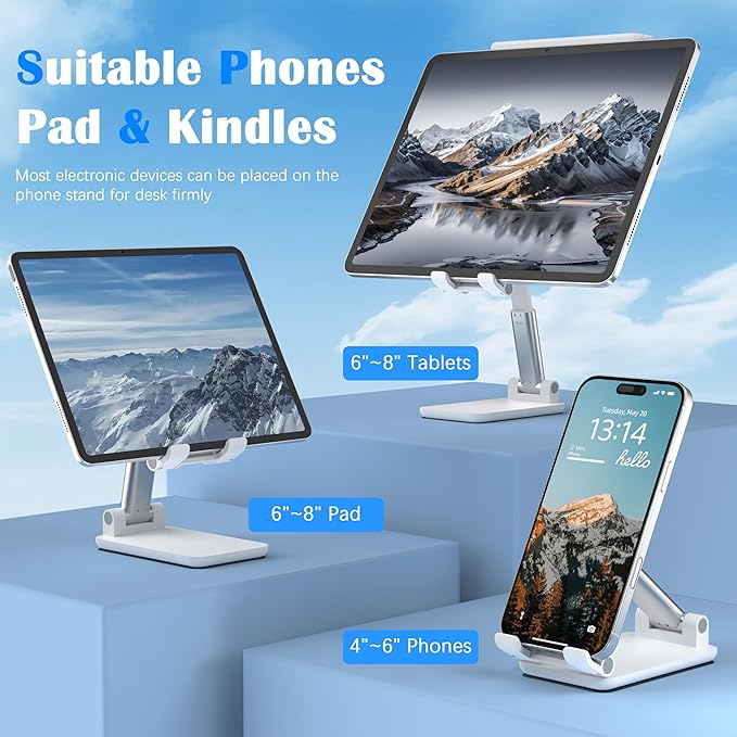 Cell Phone Stand, Adjustable Angle and Height Cell Phone Holder for Desk, Foldable and Portable, Anti-Slip Silicone Pad, Compatible with All Mobile Phones and 4-8 Inch Devices (White&White)