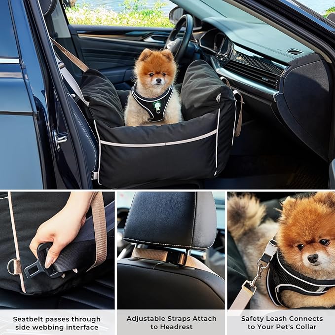 ZOMISIA Dog Car Seat for Small to Medium Dogs - Waterproof Pet Booster Seat with Clip-On Safety Leash, Carrier for Puppy up to 25 lbs, Memory Foam Filling & Adjustable Buckles, Green Houndstooth