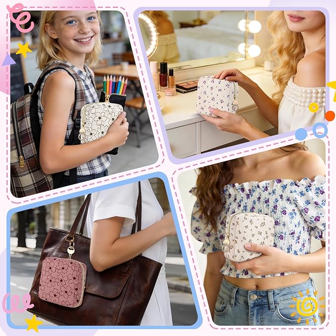 Floral Period Bag, Small Period Pouches for Teen Girls, Corduroy Sanitary Napkin Storage Bag, Compact Discreet Pad and Tampon Holder for Purse (Plum-Beige)