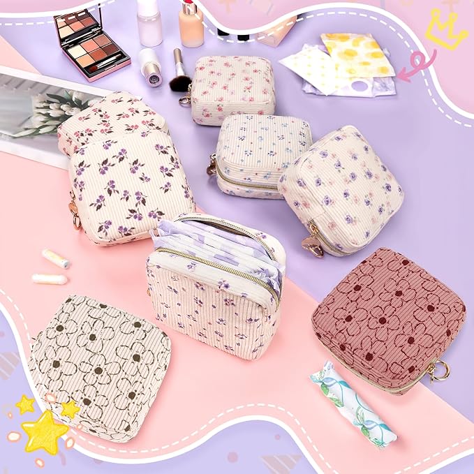 Floral Period Bag, Small Period Pouches for Teen Girls, Corduroy Sanitary Napkin Storage Bag, Compact Discreet Pad and Tampon Holder for Purse (Plum-Dark Pink)