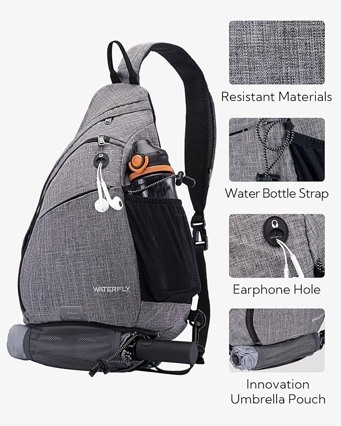 WATERFLY Sling Bag Sling Backpack Small Crossbody Shoulder Bag for Men Women Traveling Cycling Hiking Daypack